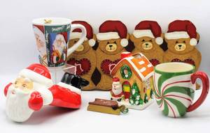 lot 3795 image: Variety of Christmas Holiday Decor - Wood Santa Bears NOEL Sign, Santa LedgeShelf Sitter Candle Holder, Ceramic Candle Lantern, Mugs