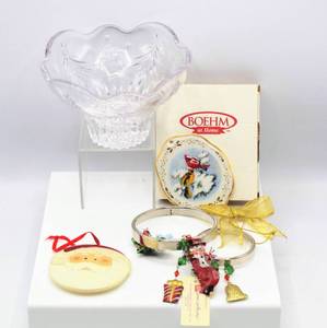 lot 3796 image: Variety of Christmas Holiday Decor - Crystal Bowl, BOEHM at Home Boxed Ornament, Santa Ornament and Candle Toppers