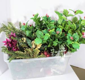 lot 3798 image: Huge Tub Full of Christmas Holiday Floral & Greenery Picks and Other Miscellaneous Holiday Decor pieces to use for wreath making, garlands etc..