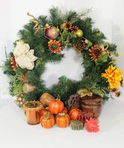 lot 3800 image: Fall Decor - Pine and Sunflowers Wreath, Ceramic Acorn Vase, Glass Candle Holder, Decorative Pumpkins