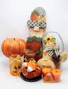 lot 3803 image: Fall and Halloween Decor Lot - Jar Pumpkin Candle Lanterns, Candles, Wood Pumpkins & Candy Corn Decor, Mini Hay Bales and more