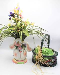 lot 3706 image: Tin Metal Bunny Pot with Faux Floral Arrangement and Green Basket with Easter Grass