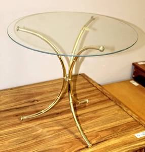 lot 3839 image: Vintage Round Tempered Glass and Brass Bamboo Look Side Table 18 x 20