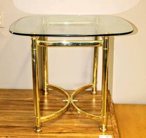 lot 3840 image: Vintage Rectangle Tempered Glass and Brass End Table Side Table 26 x 26 Top, 21 x 15.5 Base
