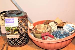 lot 3844 image: 3 Planters for Miniature Faux Gardens, Items to Decorate, Solar Lantern with Tag, Shepherds Hook 40 tall and Small Plastic Watering Pitcher