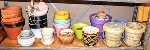 lot 3845 image: Entire Shelf Full of Planting Pots Terra Cotta, Plastic, Ceramic, Decorative