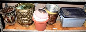 lot 3846 image: Entire Shelf Contents Including  Decorative Planters, Baskets, Rubbermaid Tote Full of Small Planting and Gardening Items