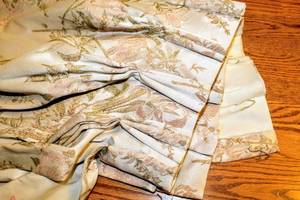 lot 3854 image: (2) Vintage Curtain Panels Connected (should be easy to separate) total 52 Wide x 83 Long with Matching Tie-Backs