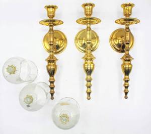 lot 3830 image: Trio of Brass Wall Sconce Candelabras - Uses either Taper Candles or the included Glass Hurricane Shades