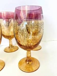 lot 3856 image: 6 Golden Amber Stemmed Drip Paint Glasses