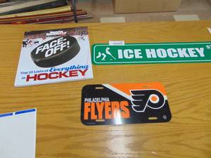 lot 2318 image: Philidelphia Flyers Car tag, Street Signage, Hockey Book