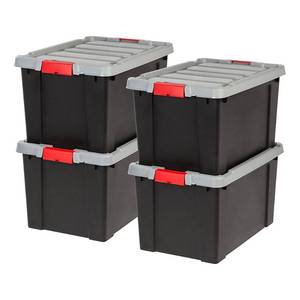 lot 5457 image: IRIS USA, Inc. SIA-18 Heavy Duty Stackable Utility Tote, 19 GAL, Black, 4 Piece 2 Broken