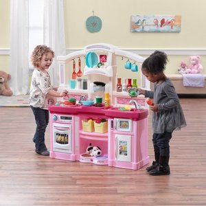 lot 5471 image: Step2 Fun with Friends Kitchen  Large Plastic Play Kitchen with Realistic Lights & Sounds  Pink Kids Kitchen Playset & 45-Pc Kitchen Accessories Set