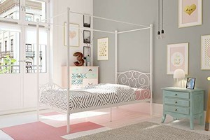 lot 5490 image: DHP Canopy Bed with Sturdy Bed Frame, Metal, Twin Size - White