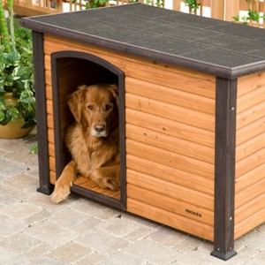lot 5508 image: Precision Pet by Petmate Extreme Weather-Resistant Log Cabin Dog House With Adjustable Feet, 4 Sizes Available, Large, Natural Wood