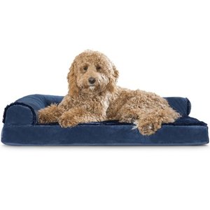 lot 35269 image: Furhaven Pet Dog Bed  Deluxe Orthopedic Plush Faux Fur & Velvet L Shaped Chaise Lounge Living Room Corner Couch Pet Bed w Removable Cover for Dogs & Cats, Deep Sapphire, Large