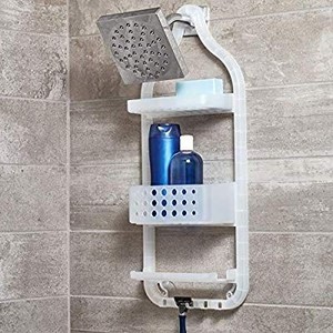 lot 35359 image: InterDesign Circlz Plastic Hanging Shower Caddy, Extra Space for Shampoo, Conditioner, and Soap with Hooks for Razors, Towels, Loofahs, and More 5 x 10.6 x 26 Frost White