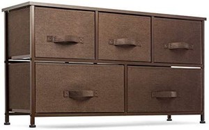 lot 35364 image: 5 Drawer Dresser Organizer Fabric Storage Chest for Bedroom, Hallway, Entryway, Closets, Nurseries. Furniture Storage Tower Sturdy Steel Frame, Wood Top, Easy Pull Handle Textured Print Drawers