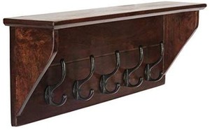 lot 35413 image: Rustic Coat Rack Wall Mounted with Shelf - Entryway Shelf with Hooks, Solid Mango Wood, Cast Iron Hooks, Walnut Finish