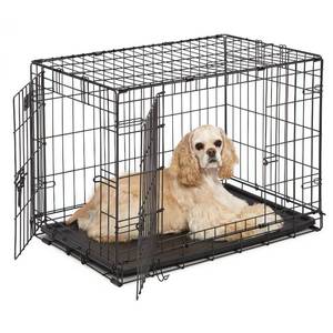 lot 35418 image: Dog Crate  MidWest ICrate 30 Inch Double Door Folding Metal Dog Crate w Divider Panel, Floor Protecting Feet & Leak Proof Dog Tray  30L x 19W x 21H Inches, Medium Dog Breed, Black