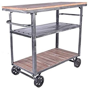 lot 35444 image: Lisuden 3-Tier Solid Wood Meta Bar and Serving Cart with Wheels- Industrial Style Rolling Storage Cabinet Trolley - Kitchen Bar Dining Room Wine Cart 80x40x80cm