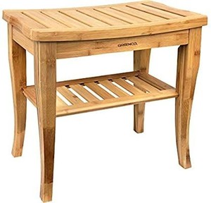 lot 35471 image: Greenco Waterproof Bamboo Shower Bench With Shelf, Wooden Spa Bath Stool