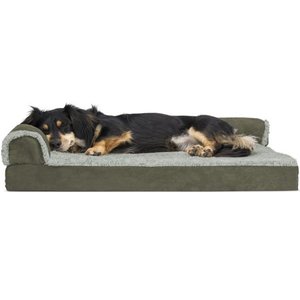 lot 35478 image: Furhaven Pet Dog Bed  Deluxe Orthopedic Two-Tone Plush Faux Fur & Suede L Shaped Chaise Lounge Living Room Corner Couch Pet Bed w Removable Cover for Dogs & Cats, Dark Sage, Medium