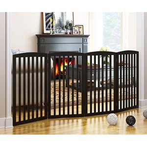 lot 35495 image: PAWLAND Wooden Freestanding Foldable Pet Gate for Dogs,4 Panel, 36 inch Tall Fence, Dog Gate for The House, Doorway, Stairs, Extra Wide and Tall, Espresso