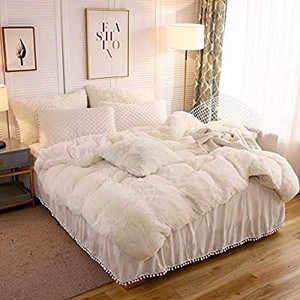 lot 37522 image: LIFEREVO Luxury Shaggy Plush Duvet Cover 1 PC Crystal Velvet Mink Reverse Ultra Soft Hidden Zipper Closure (Light Beige, Queen)