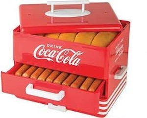 lot 36781 image: Nostalgia HDS248COKE Large Coca-Cola Diner-Style Steamer, 24 Hot Dogs and 12 Bun Capacity, Perfect For Breakfast Sausages, Brats, Vegetables, Fish, Red