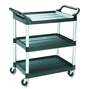lot 36869 image: Rubbermaid Commercial Products (FG330400CLR) Heavy Duty 3-Shelf Rolling ServiceUtilityPush Cart, 200 lbs. Capacity, Black, for FoodserviceRestaurantCleaning