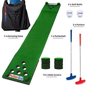 lot 30325 image: PutterBall Golf Beer Pong Game Set - Includes 2 Putters, 2 Golf Balls, Green Putting Beer Pong Golf Mat, Golf Hole Covers & Carrying Case - Best Backyard Party Golf Game Set