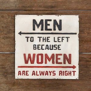 lot 36201 image: Men To The Left Because Women Always Right Metal Restroom Wall Sign