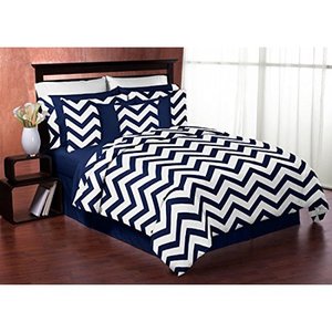 lot 36258 image: Navy Blue and White Chevron 3 Piece Childrens and Teen Zig Zag Full  Queen Girl or Boy Bedding Set Collection