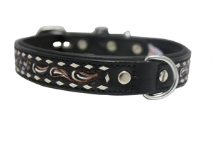 lot 36443 image: Genuine leather dog collar. 20 x 1, Western tooled in black blackwhite buck stitching, Argentinean cowhide. Angel Elite (LAREDO) Necks 14.5-17.5
