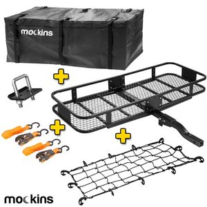 lot 43501 image: Mockins Hitch Mount Cargo Carrier with Cargo Bag and Net The Steel Cargo Basket is 60 Long X 20 Wide X 6 Tall with A Hauling Weight of 500 Lbs & A Folding Shank to Preserve Space When Not in Use �� ��