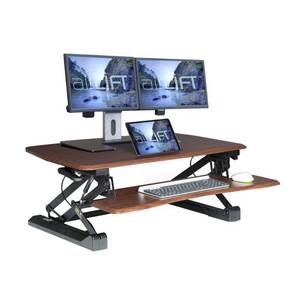 lot 43519 image: Seville Classics airLIFT Height Adjustable Stand Up Desk ConverterRiser - Keyboard Tray, Dual Monitors, Quick Lift Levers Ergonomic Table, Full (36), Walnut