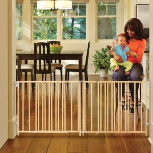 lot 43562 image: North States 103 Wide Extra-Wide Swing Baby Gate Perfect for Oversized Spaces. No Threshold and one-Hand Operation. Hardware Mount. Fits 60-103 Wide (27 Tall, Sustainable Hardwood)