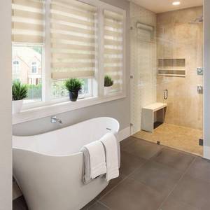 lot 43614 image: CHICOLOGY Free-Stop Cordless Zebra Roller Shades Dual Layer Combi Window Blind, 71 W X 72 H, Striped Khaki