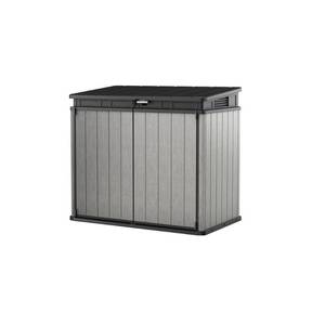 lot 43616 image: Keter Elite Store 4.6 x 2.7 Resin Outdoor Storage Shed with Floor for Trash Cans and Yard Tools, Grey & Black