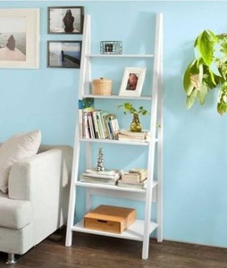lot 43625 image: Haotian FRG61-W, Modern 5 Tiers Ladder Shelf Bookcase, Wood Storage Display Shelving, Wall Shelf, W64xD39xH180cm, White