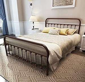 lot 43627 image: TEMMER Metal Platform Bed Frame Queen Size with Vintage Headboard and FootboardMattress FoundationNo Box Spring Needed,Antique Brown(Queen, Antique Brown)
