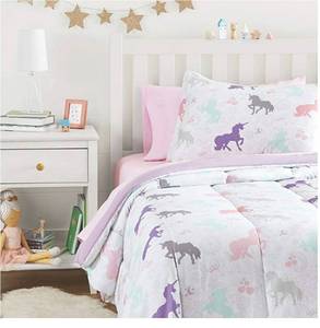 lot 43664 image: AmazonBasics Easy Care Super Soft Microfiber Kids Bed-in-a-Bag Bedding - Twin, Purple Unicorns