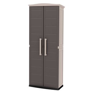 lot 43668 image: Keter Boston Resin Tall Outdoor Storage Shed Cabinet for Patio, Tool or Garage Organization, BeigeBrown
