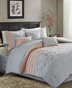 lot 43679 image: Madison Park Serene Comforter Reversible Solid Faux Silk Floral Flower Embroidered Pleated Stripes Patchwork Soft Down Alternative Hypoallergenic All Season Bedding-Set, Queen, Blush