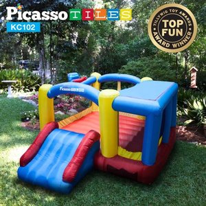 lot 43708 image: PicassoTiles Upgrade Version KC102 12x10 Foot Inflatable Bouncer Jumping Bouncing House, Jump Slide, Dunk Playhouse w Basketball Rim, 4 Sports Balls, Full-Size Entry, 580W ETL Certified Blower