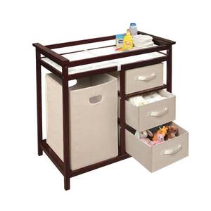 lot 43712 image: Modern Baby Changing Table with Laundry Hamper, 3 Storage Baskets, and Pad