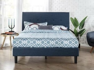 lot 43719 image: Zinus Omkaram Upholstered Navy Button Detailed Platform Bed  Mattress Foundation  Easy Assembly  Strong Wood Slat Support, Queen