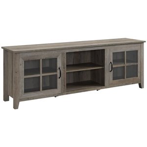 lot 43735 image: Walker Edison Furniture Company Modern Farmhouse Glass and Wood Stand with Cabinet Doors for TVs up to 80 Living Room Storage Shelves Entertainment Center, 70 Inch, Grey Wash
