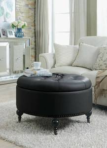 lot 43743 image: Stone & Beam Janelle Button Tufted Round Leather Wheeled Ottoman, 37W, Brown Saddle